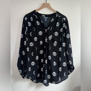 ModCloth Lunar Moon Phase Blouse Long Sleeve Button Down Women Size XL Black